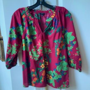 TALBOTS BRAND MAROON AND GREEN COTTON PEASANT BLOUSE SHIRT SIZE PETITE SMALL